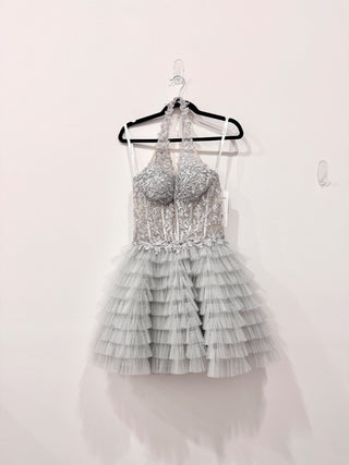 NWT Sherri Hill Halter Ruffle Tulle Cocktail Gown with Leaf Lace Bodice Silver 8