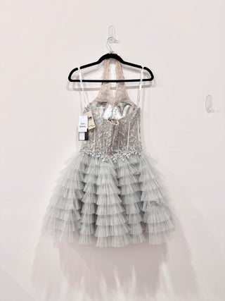 NWT Sherri Hill Halter Ruffle Tulle Cocktail Gown with Leaf Lace Bodice Silver 8