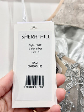 NWT Sherri Hill Halter Ruffle Tulle Cocktail Gown with Leaf Lace Bodice Silver 8