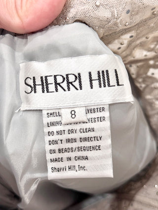 NWT Sherri Hill Halter Ruffle Tulle Cocktail Gown with Leaf Lace Bodice Silver 8