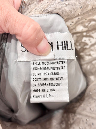 NWT Sherri Hill Halter Ruffle Tulle Cocktail Gown with Leaf Lace Bodice Silver 8