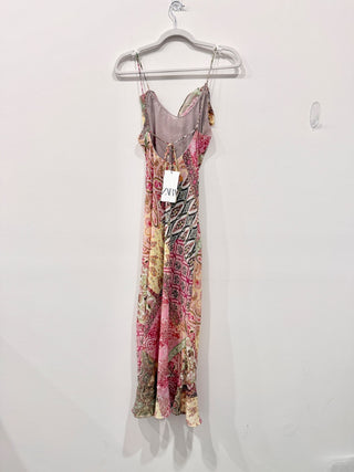 NWT Zara Paisley Patchwork Print Cowl Neck Midi Slip Dress Multicoloured Pink XS