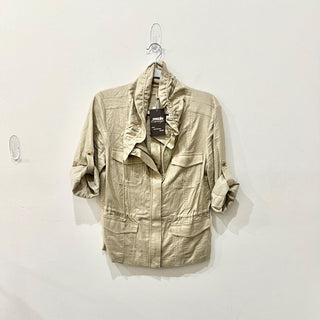 Michael Kors Linen Blend Rolled Up Sleeve Metallic Utility Jacket Beige Womens S