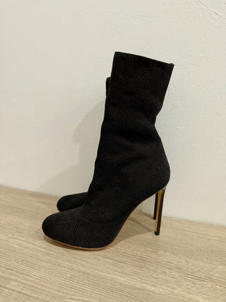 NWOT Russo Stretch Fabric Mid-Calf Rround Toe Heeled Booties Black Women EU 36.5