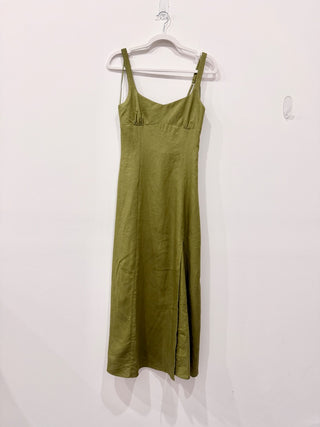 NWT Zara Linen Blend Sleeveless Side Slit A-Line Midi Dress Oil Green Women's XS