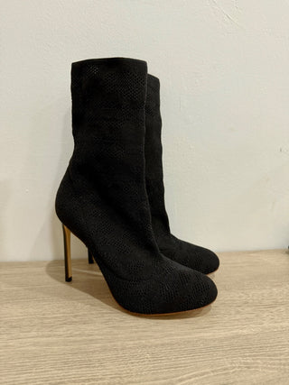 NWOT Russo Stretch Fabric Mid-Calf Rround Toe Heeled Booties Black Women EU 36.5