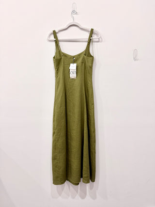 NWT Zara Linen Blend Sleeveless Side Slit A-Line Midi Dress Oil Green Women's XS