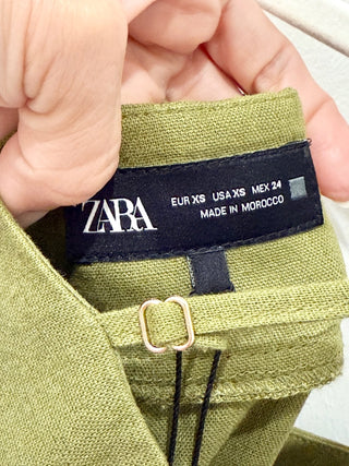 NWT Zara Linen Blend Sleeveless Side Slit A-Line Midi Dress Oil Green Women's XS