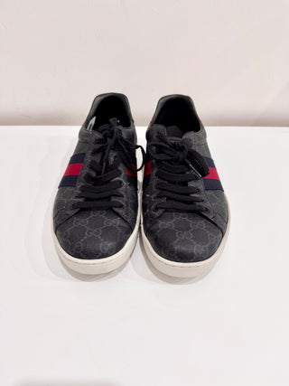 Gucci Ace GG Supreme Monogram Low Top Sneakers Black Gray Mens Size US 9.5