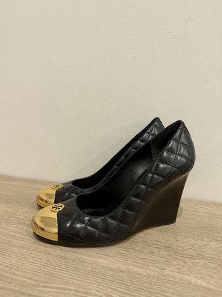 Tory Burch Kaitlin Quilted Leather Gold Cap Toe Wedge Pumps Black/Gold Women 7.5