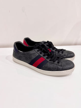 Gucci Ace GG Supreme Monogram Low Top Sneakers Black Gray Mens Size US 9.5