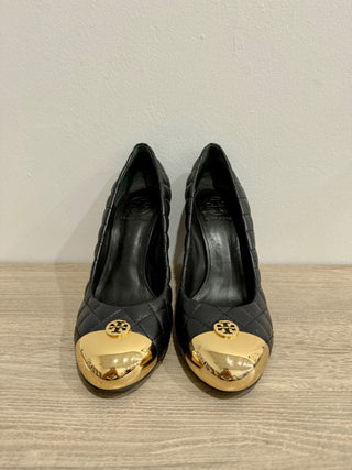 Tory Burch Kaitlin Quilted Leather Gold Cap Toe Wedge Pumps Black/Gold Women 7.5