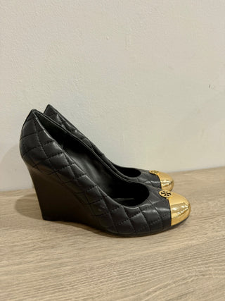 Tory Burch Kaitlin Quilted Leather Gold Cap Toe Wedge Pumps Black/Gold Women 7.5
