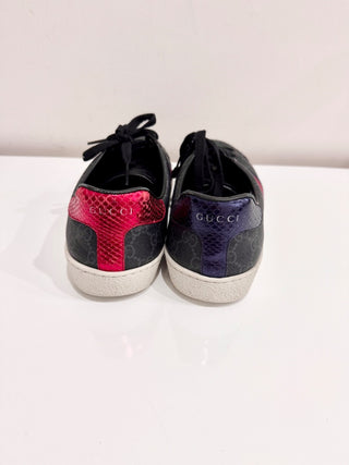Gucci Ace GG Supreme Monogram Low Top Sneakers Black Gray Mens Size US 9.5