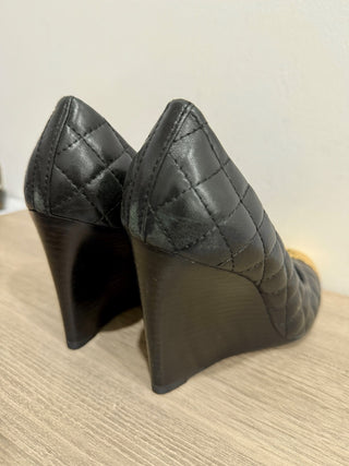 Tory Burch Kaitlin Quilted Leather Gold Cap Toe Wedge Pumps Black/Gold Women 7.5