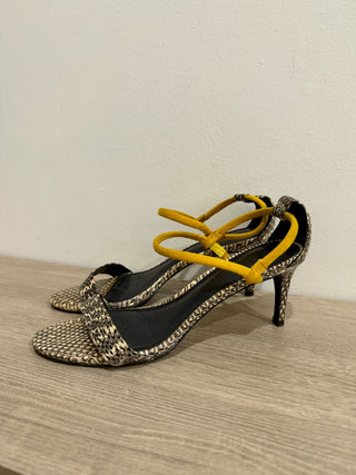 Sandro Python Print Leather & Suede Mid-Heel Ankle Strap Sandals Neutrals EU 39