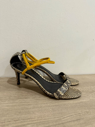 Sandro Python Print Leather & Suede Mid-Heel Ankle Strap Sandals Neutrals EU 39