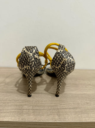 Sandro Python Print Leather & Suede Mid-Heel Ankle Strap Sandals Neutrals EU 39