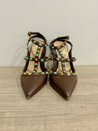 Valentino Rockstud & Turquise Stone Pointy Toe Ankle Strap Pumps Brown EU 37.5