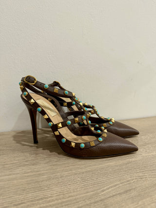 Valentino Rockstud & Turquise Stone Pointy Toe Ankle Strap Pumps Brown EU 37.5