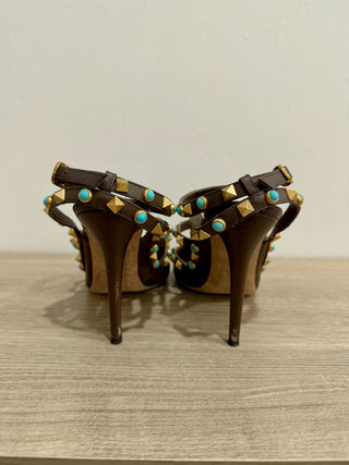 Valentino Rockstud & Turquise Stone Pointy Toe Ankle Strap Pumps Brown EU 37.5