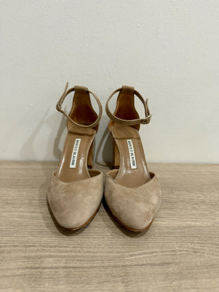 Manolo Blahnik Lausam Suede Ankle Strap Block Heels Sandals Tan Women's EU 37