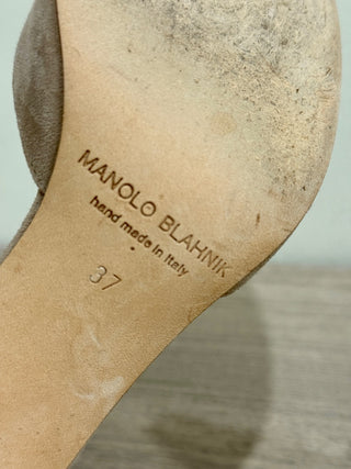 Manolo Blahnik Lausam Suede Ankle Strap Block Heels Sandals Tan Women's EU 37