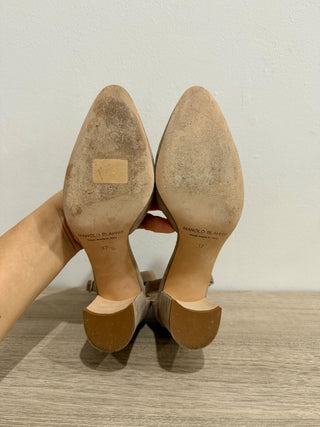 Manolo Blahnik Lausam Suede Ankle Strap Block Heels Sandals Tan Women's EU 37