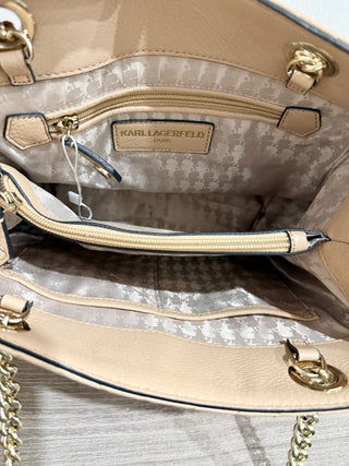Karl Lagerfeld Paris Charlotte Quilted Leather Shoulder Tote Handbag Cream Beige