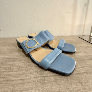Ferragamo Leather Slip On Low Heel Mules Sandals with Gold Buckle Light Blue 8.5