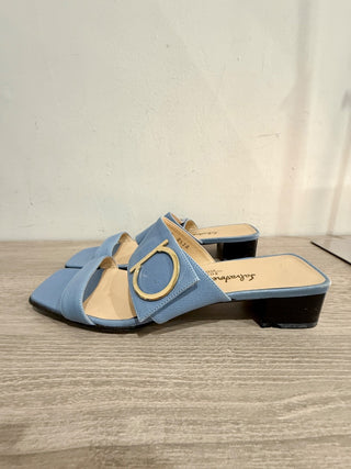 Ferragamo Leather Slip On Low Heel Mules Sandals with Gold Buckle Light Blue 8.5