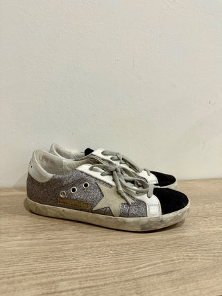 Golden Goose Super-Star Glitter Suede Sneakers Silver/Black Women's Size EU 37