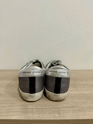 Golden Goose Super-Star Glitter Suede Sneakers Silver/Black Women's Size EU 37
