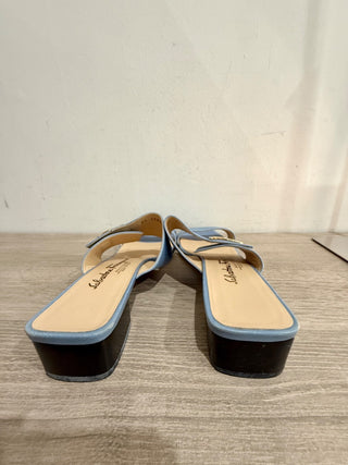 Ferragamo Leather Slip On Low Heel Mules Sandals with Gold Buckle Light Blue 8.5