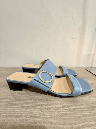 Ferragamo Leather Slip On Low Heel Mules Sandals with Gold Buckle Light Blue 8.5