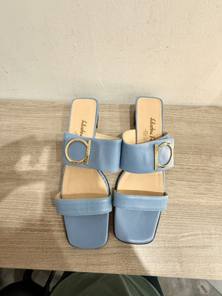 Ferragamo Leather Slip On Low Heel Mules Sandals with Gold Buckle Light Blue 8.5
