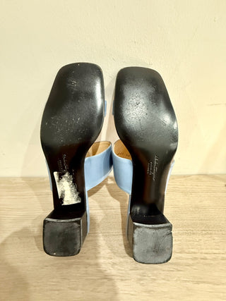 Ferragamo Leather Slip On Low Heel Mules Sandals with Gold Buckle Light Blue 8.5