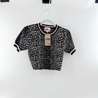 Solid & Striped Animal Print Short Sleeve Crop Knit Sweater Top Black Cream M