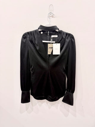 NWT A.L.C. Hirsch Keyhole Pleated V-Neck Crepe Blouse Top Black Women's Size 0