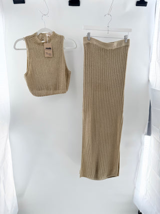 Camila Coelho Cleo Knit Set; Sleeveless Crop Top &amp; Maxi Skirt Gold Flax Womens M