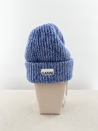 Ganni Blue marled knit logo beanie, One size