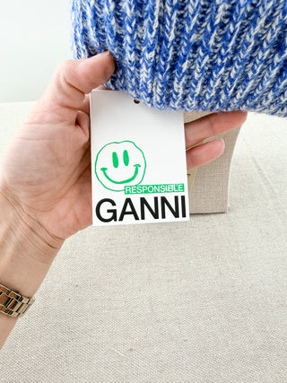 Ganni Blue marled knit logo beanie, One size