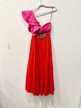 AMUR Cleopatra Colorblock Pleated Asymmetrical A-Line Maxi Dress Pink / Orange 4