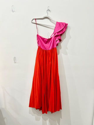 AMUR Cleopatra Colorblock Pleated Asymmetrical A-Line Maxi Dress Pink / Orange 4