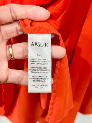 AMUR Cleopatra Colorblock Pleated Asymmetrical A-Line Maxi Dress Pink / Orange 4