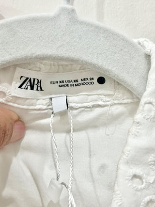 Zara Puff Sleeve Button-Front Shirt with Perforated Embroidery White Women's XS