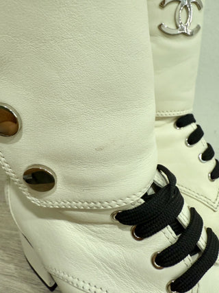 Chanel 19B two tone calfskin leather lace up booties, 37.5