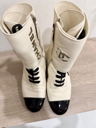 Chanel 19B two tone calfskin leather lace up booties, 37.5