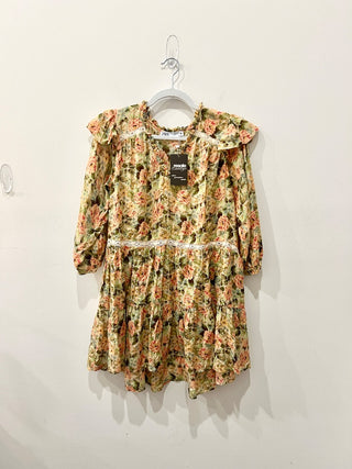 Zara Floral Print Puff Sleeve Lace Trim Tiered Mini Sundress Multi Womens Medium