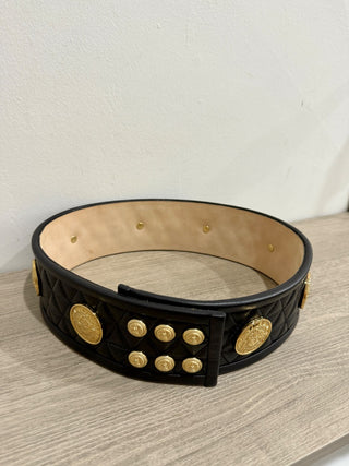 Balmain wide quilted leather belt with gold details, 38 / 6